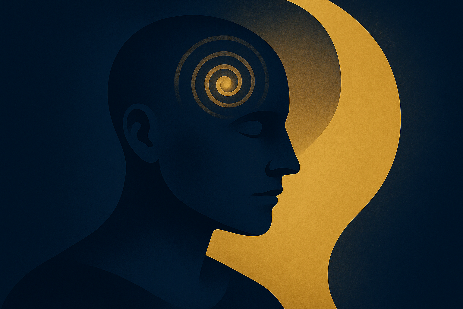 Symbolic illustration of introspection in navy-gold palette